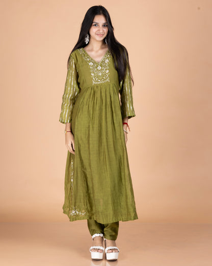 Hand-Embroidered Pure Mulmul A-Line Kurta Set with Printed Sleeves