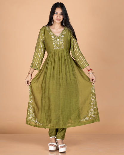 Hand-Embroidered Pure Mulmul A-Line Kurta Set with Printed Sleeves