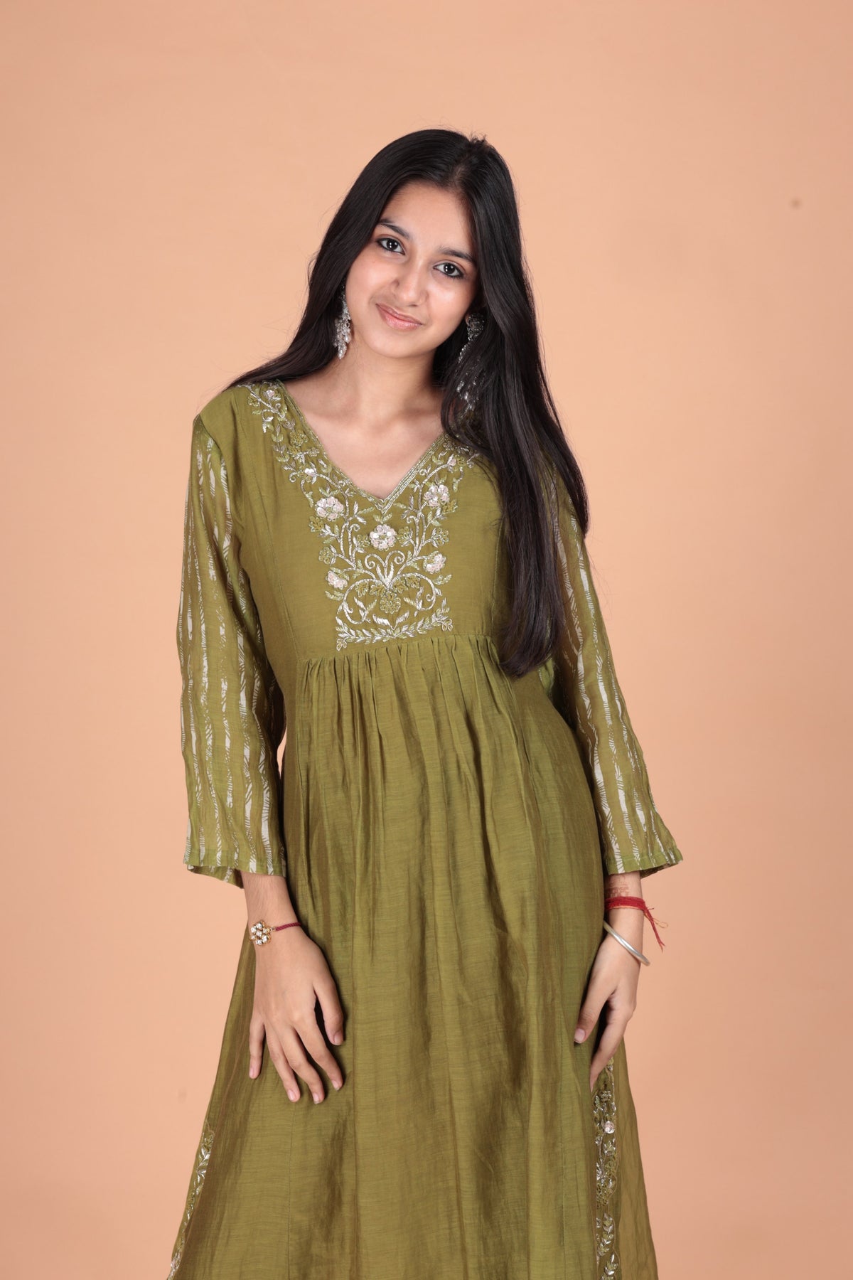 Hand-Embroidered Pure Mulmul A-Line Kurta Set with Printed Sleeves