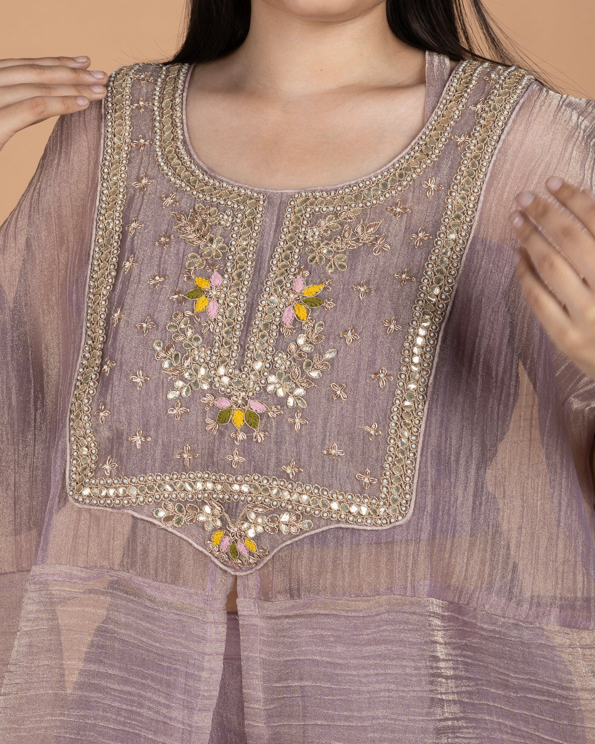 Gota, Thread & Zardozi Hand-Embroidered Crush Tissue Indo-Western Cape Set