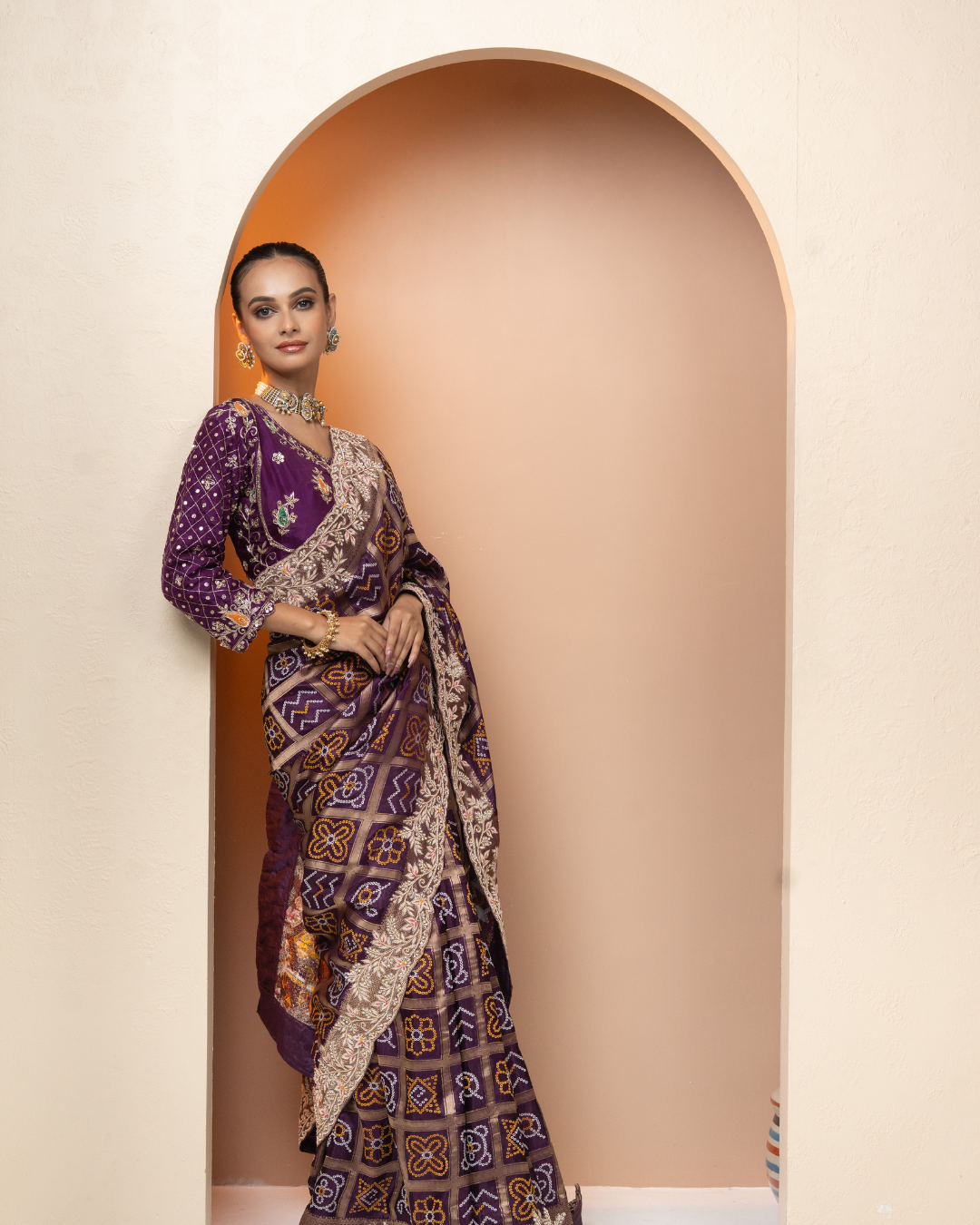 Purple Bandhani Silk Saree with Heavy Zardozi Scalloped Border