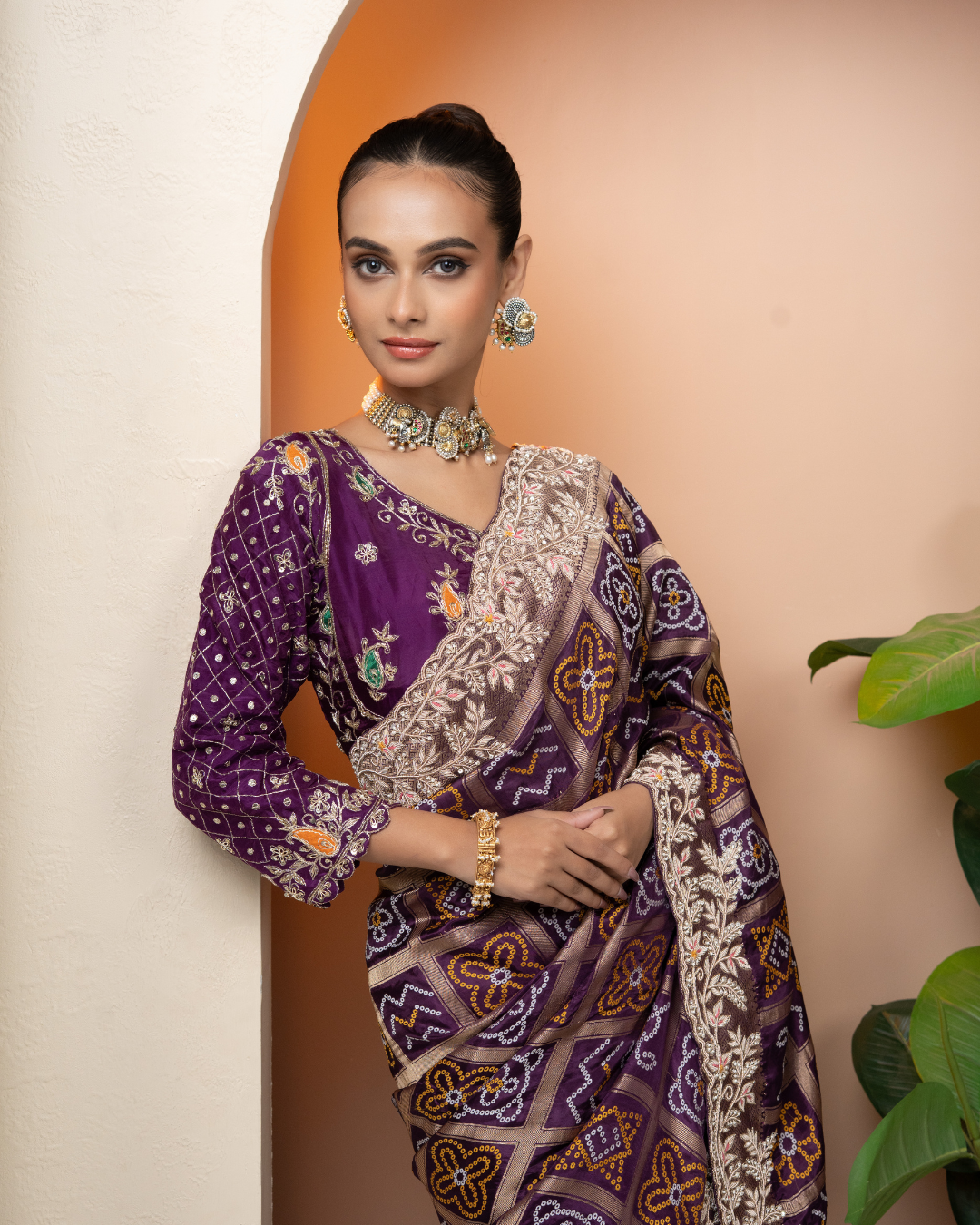 Purple Bandhani Silk Saree with Heavy Zardozi Scalloped Border