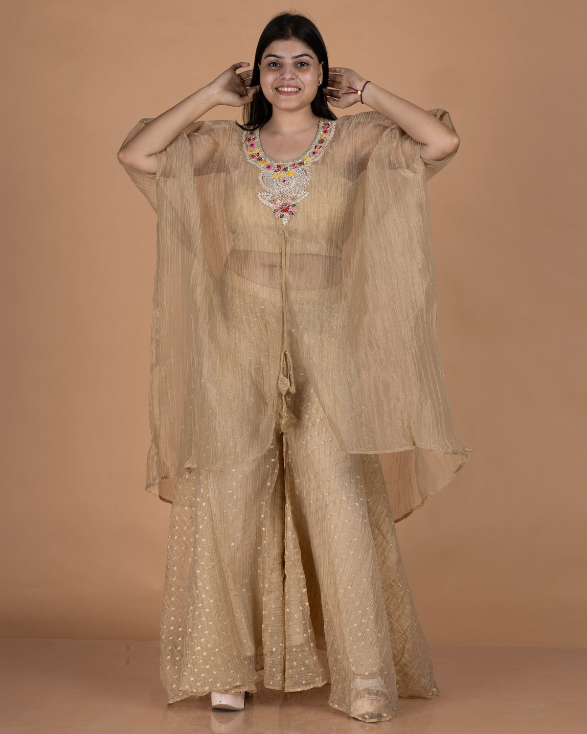 Crush Tissue Cape Set with Necklace Yoke Embroidery, Bustier & Wide-Leg Pants