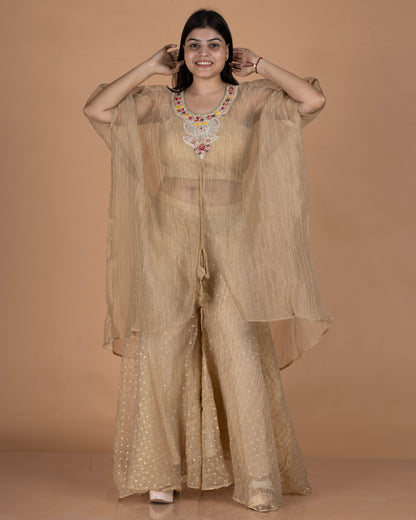 Crush Tissue Cape Set with Necklace Yoke Embroidery, Bustier & Wide-Leg Pants