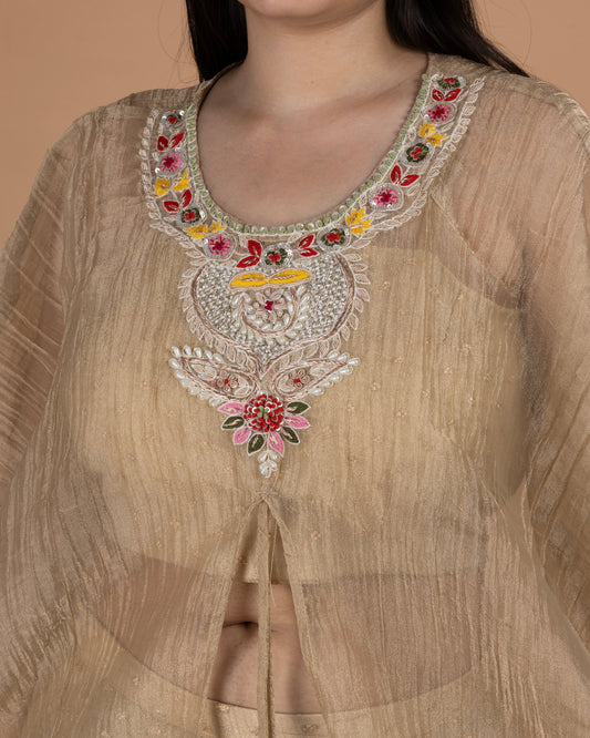 Crush Tissue Cape Set with Necklace Yoke Embroidery, Bustier & Wide-Leg Pants