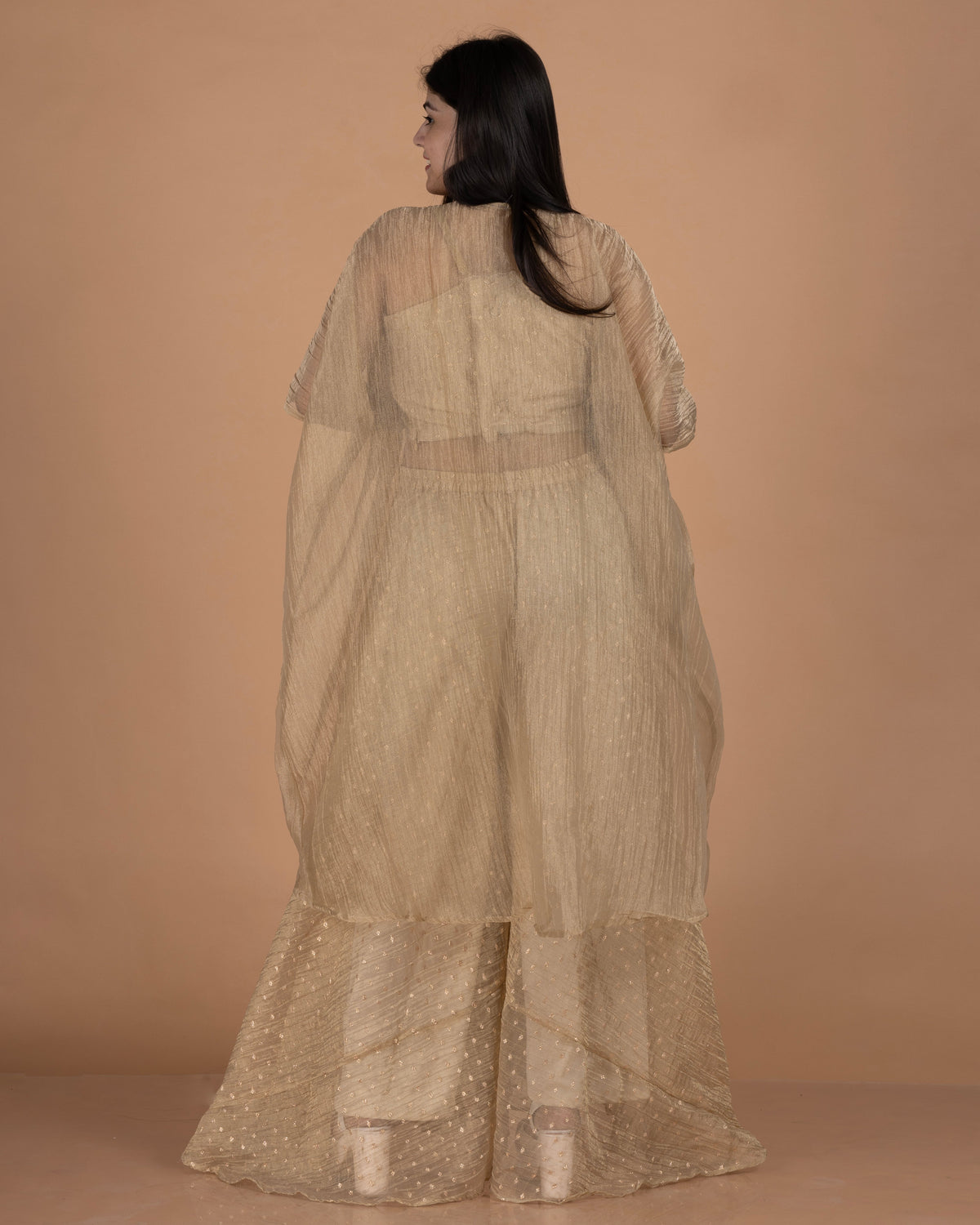 Crush Tissue Cape Set with Necklace Yoke Embroidery, Bustier & Wide-Leg Pants