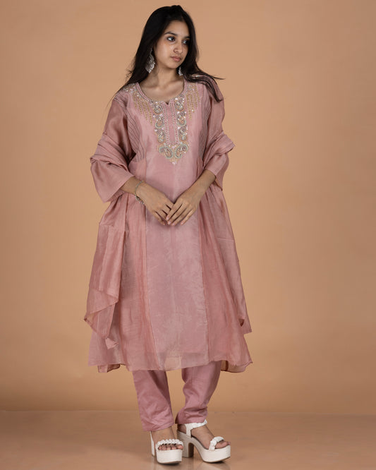 Pure Mul & Kanjeevaram Tissue Anarkali Set with Pintuck Side Panels