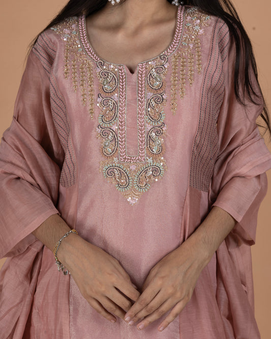 Pure Mul & Kanjeevaram Tissue Anarkali Set with Pintuck Side Panels