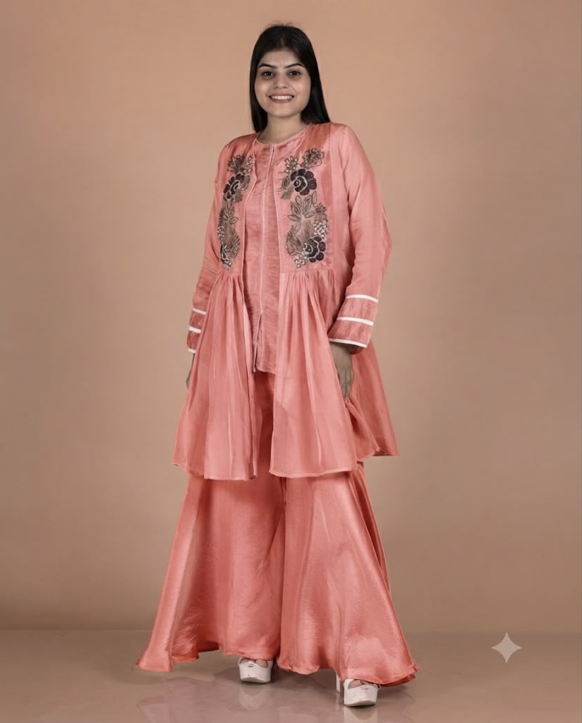 Kanjeevaram Vest Set with Antique Embellished Organza Peplum Jacket & Tissue Palazzo