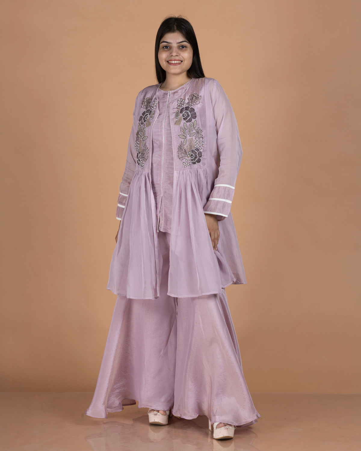 Kanjeevaram Vest Set with Antique Embellished Organza Peplum Jacket & Tissue Palazzo