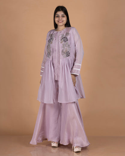Kanjeevaram Vest Set with Antique Embellished Organza Peplum Jacket & Tissue Palazzo