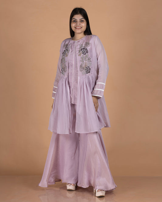 Kanjeevaram Vest Set with Antique Embellished Organza Peplum Jacket & Tissue Palazzo