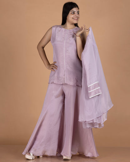 Kanjeevaram Vest Set with Antique Embellished Organza Peplum Jacket & Tissue Palazzo