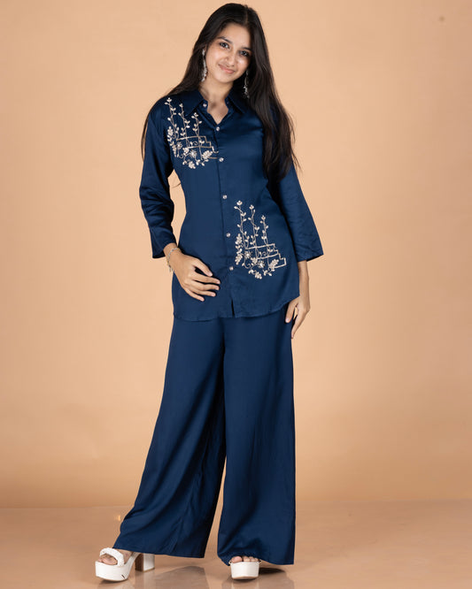 Navy Blue Gajji Cotton Co-Ord Set with Heavy Hand Embellishment & Wide-Leg Straight Pants