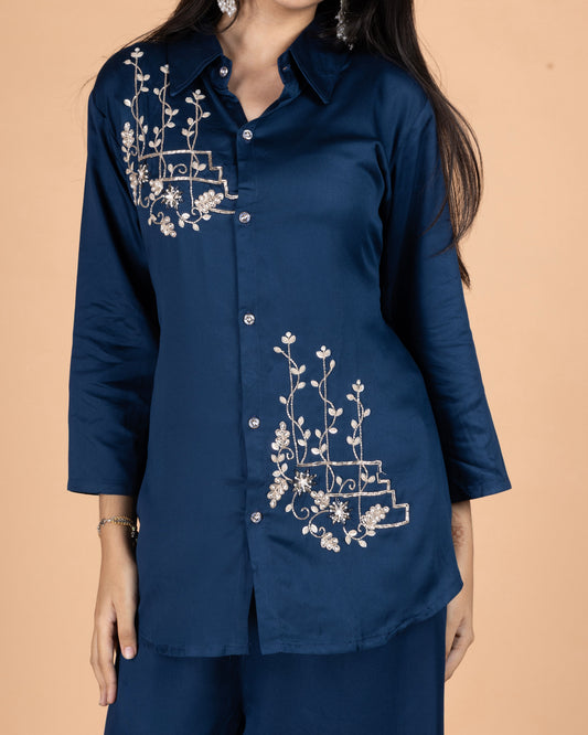 Navy Blue Gajji Cotton Co-Ord Set with Heavy Hand Embellishment & Wide-Leg Straight Pants