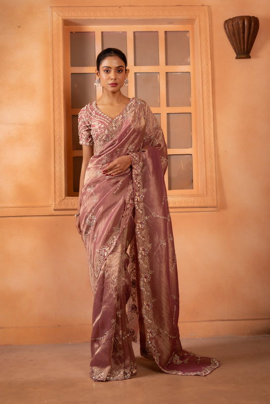 Rose Dust Tissue Saree with Floral Jaal & Zardozi Scalloped Border