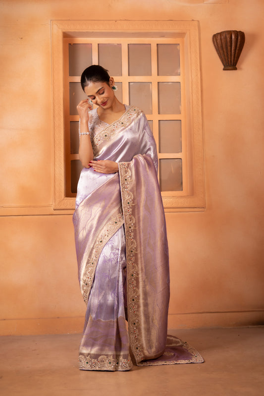 Jewel-Tone Lilac Ziraf Silk Saree with Scalloped Zardozi Border