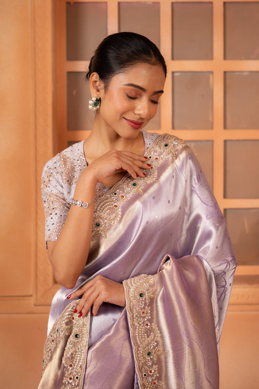 Jewel-Tone Lilac Ziraf Silk Saree with Scalloped Zardozi Border
