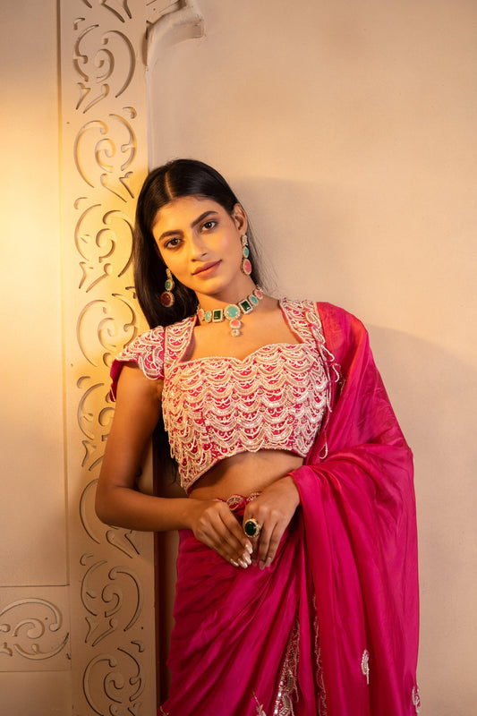 Fuchsia HO Silk Saree with Fringe Tassel blouse