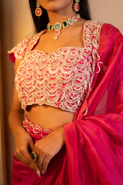 Fuchsia HO Silk Saree with Fringe Tassel blouse