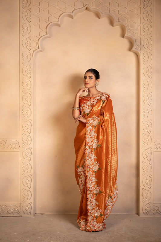 Rust Orange Grid Tissue Saree with Scalloped Floral Border