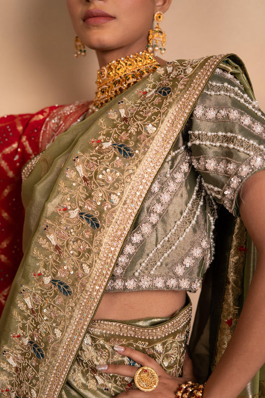 Sage Green Tissue Silk Saree with Zardozi & Bird Motif Border