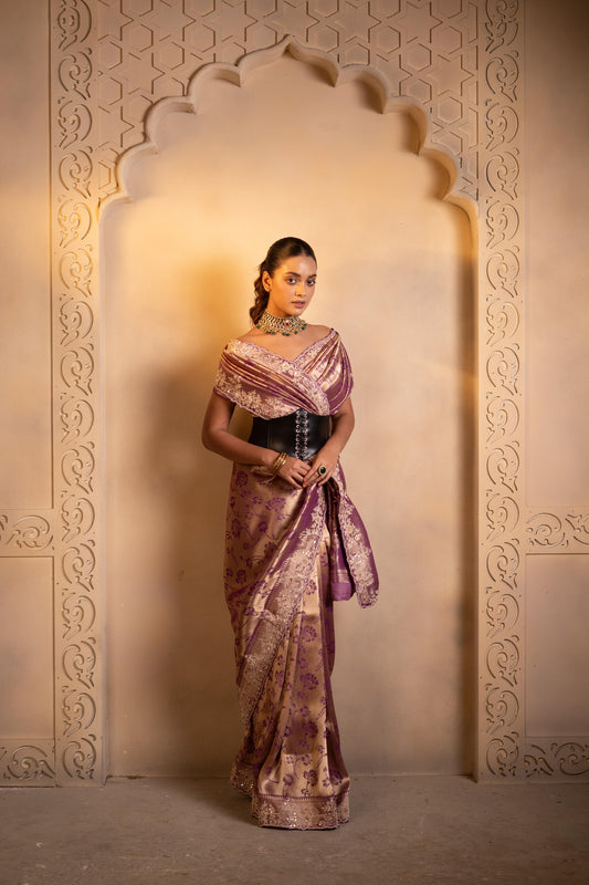 Purple Self-Weave Brocade Saree with Heavy Zardozi Border