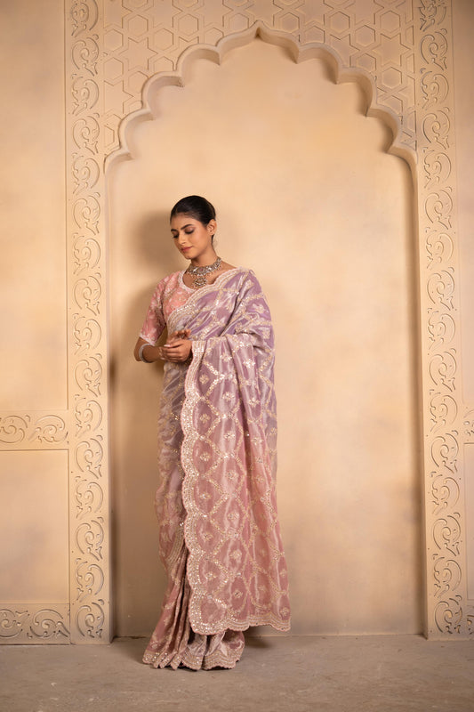 Ombré Tissue Saree with Scalloped Embroidered Jaal