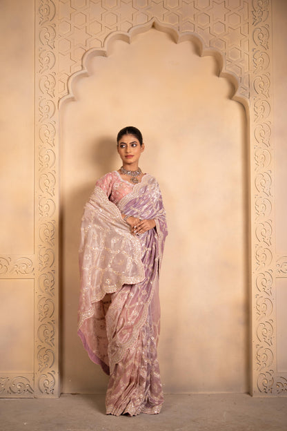 Ombré Tissue Saree with Scalloped Embroidered Jaal