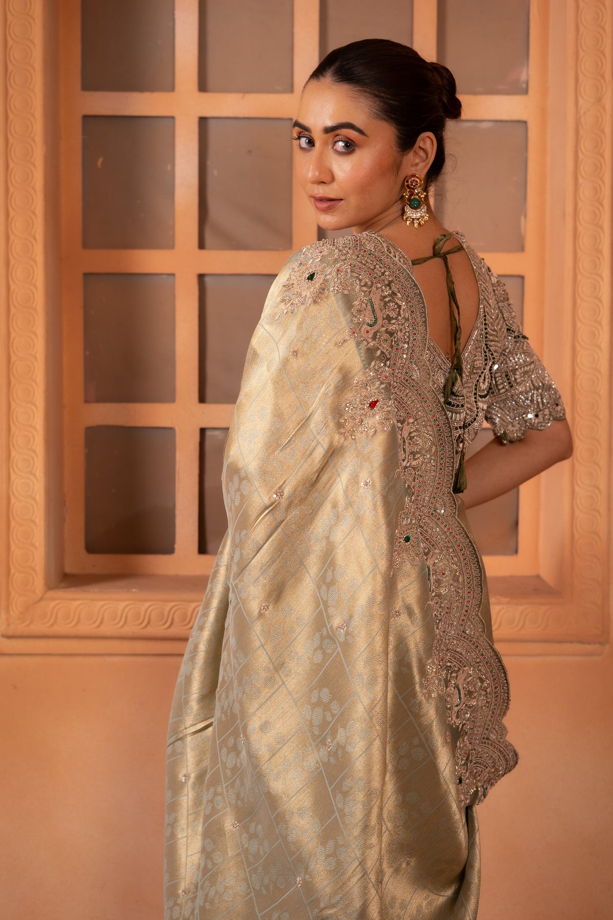 Sage Green Tissue Silk Saree with Jeweled Zardozi Border