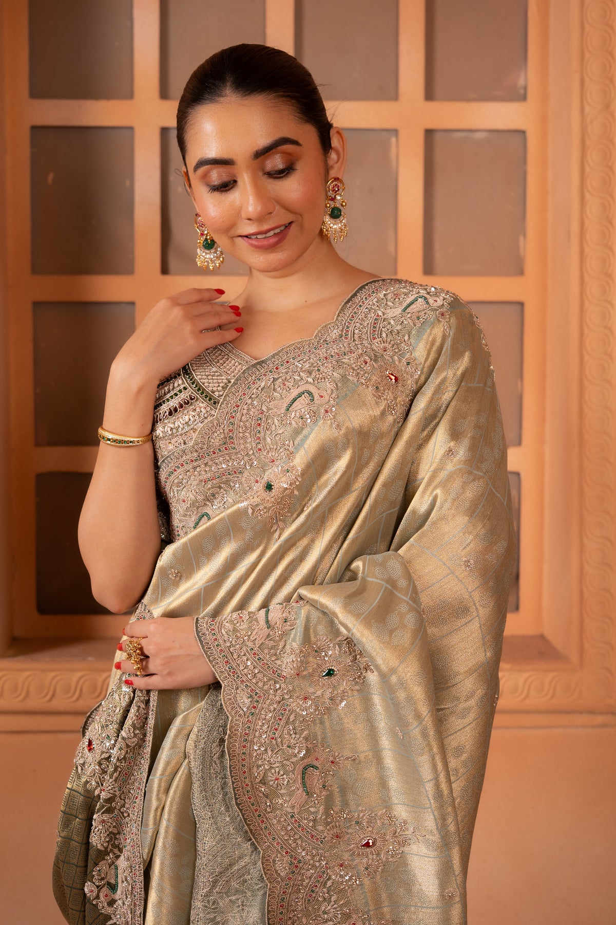 Sage Green Tissue Silk Saree with Jeweled Zardozi Border