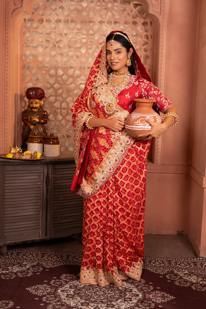 Bridal Bandhani Georgette Saree with Zardozi Scalloped Border