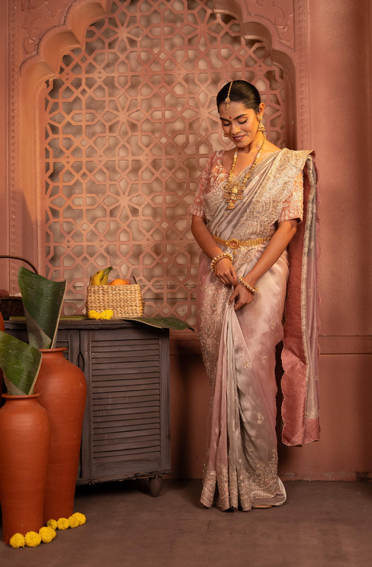 Ombré Kanjeevaram Tissue Saree with Scalloped Zardozi Border