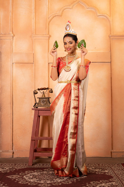 Hand-Embroidered Tissue Saree with Woven Contrast Zari Border