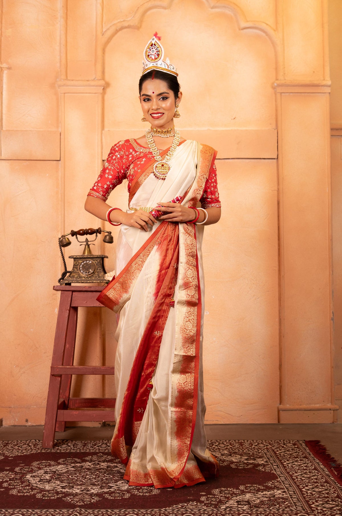 Hand-Embroidered Tissue Saree with Woven Contrast Zari Border