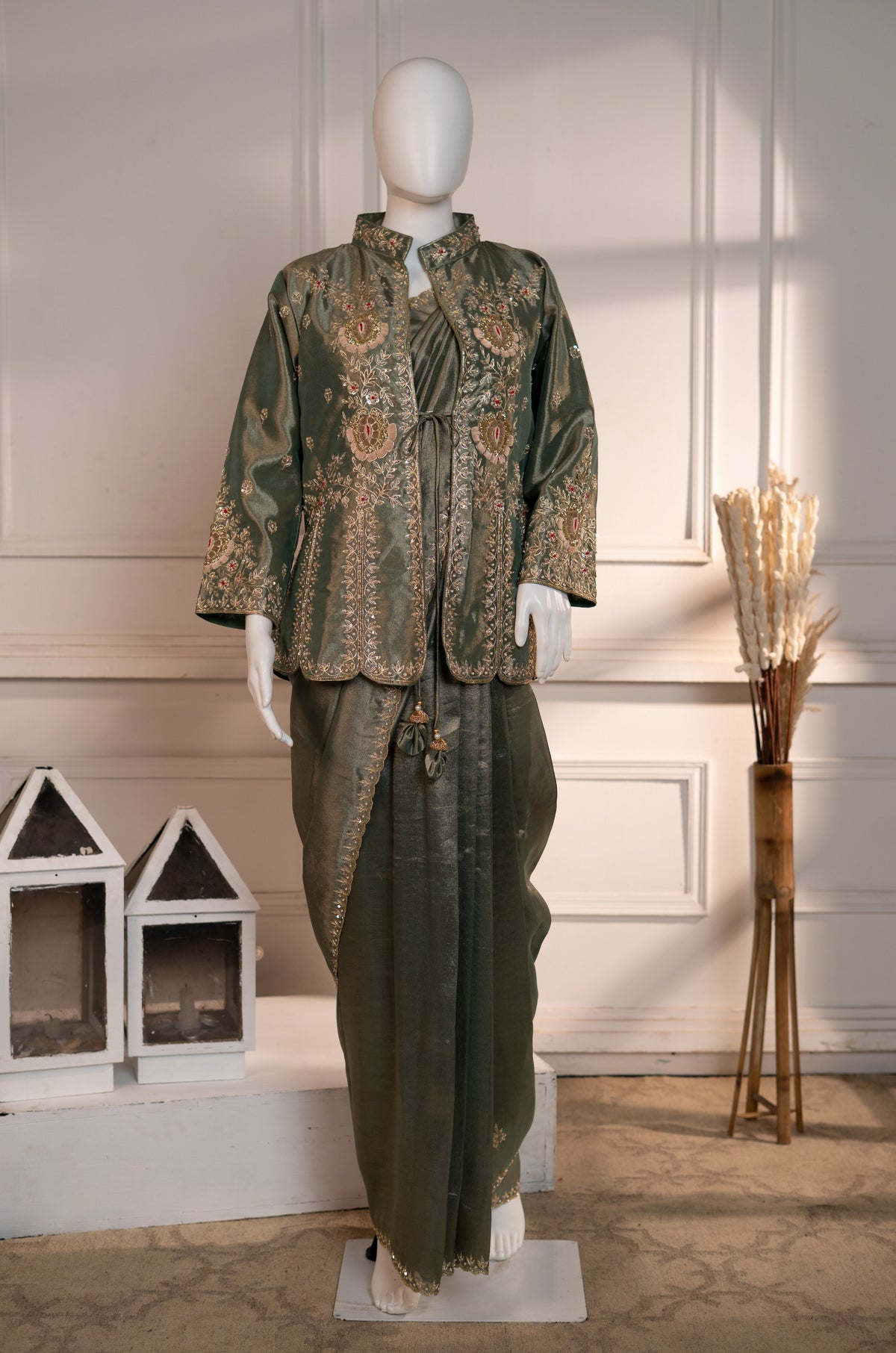 Kanjeevaram Saree & Heavy Zardozi Detailed Jacket with Sleeveless Blouse