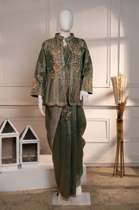 Kanjeevaram Saree & Heavy Zardozi Detailed Jacket with Sleeveless Blouse