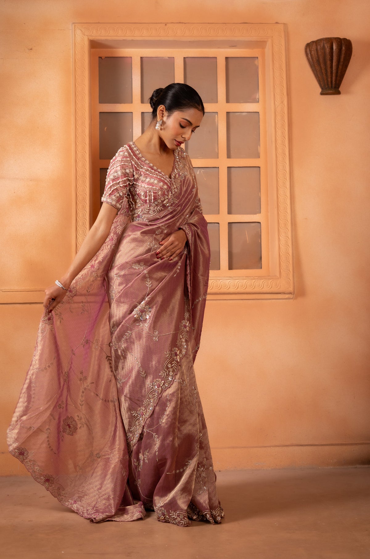 Rose Dust Tissue Saree with Floral Jaal & Zardozi Scalloped Border