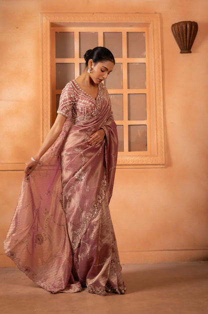 Rose Dust Tissue Saree with Floral Jaal & Zardozi Scalloped Border