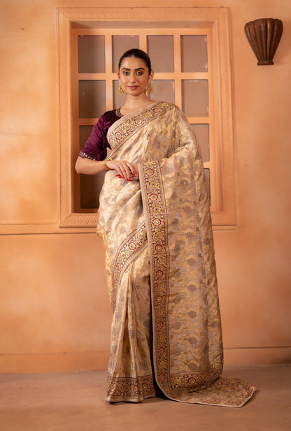 Champagne Tanchoi Silk Saree with Floral Embroidered Border