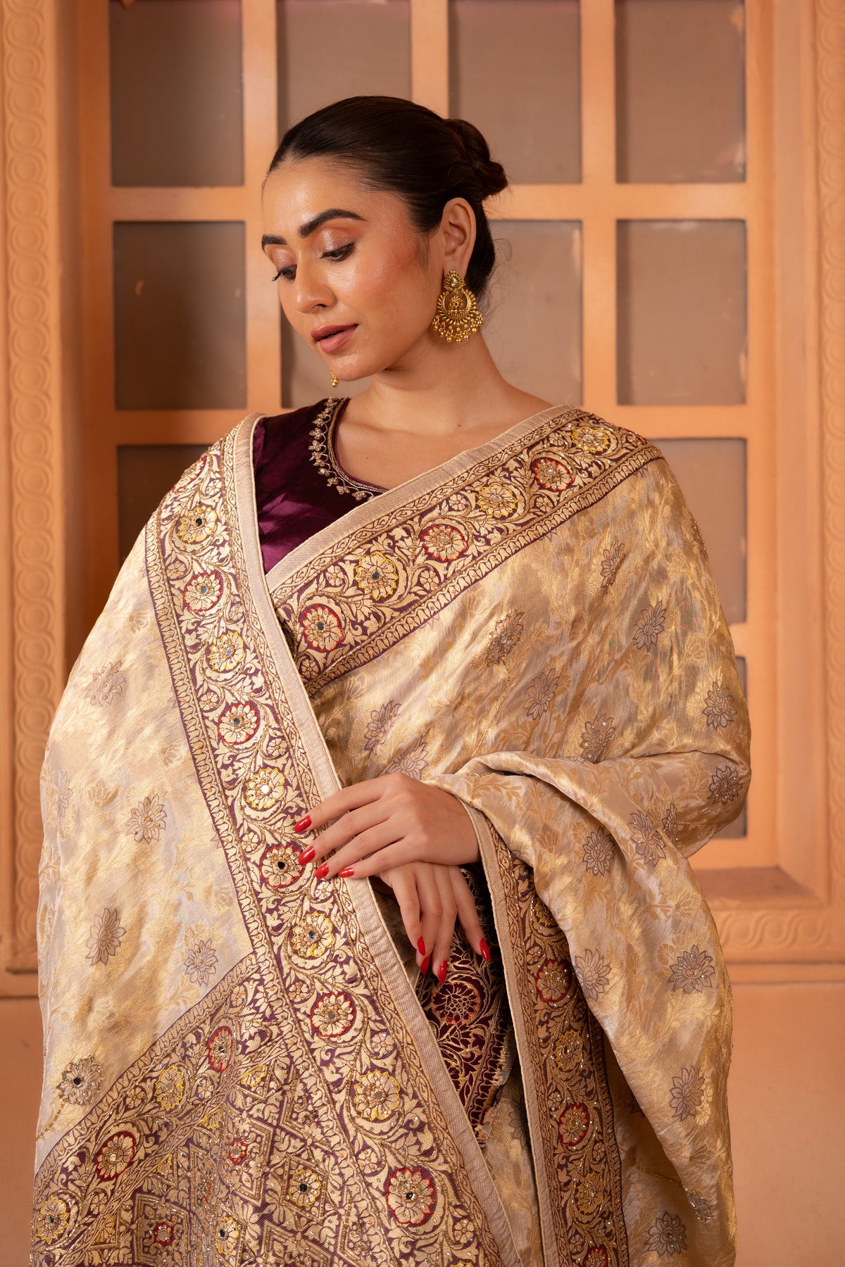 Champagne Tanchoi Silk Saree with Floral Embroidered Border