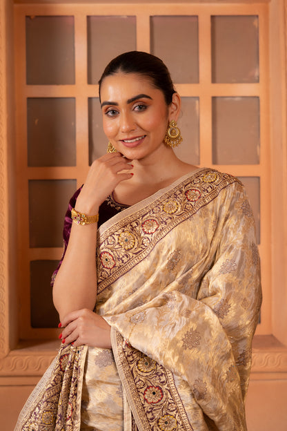 Champagne Tanchoi Silk Saree with Floral Embroidered Border
