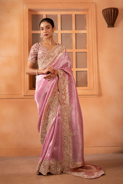 Blush Pink Ziraf Tissue Saree with Heavy Scalloped Floral Border
