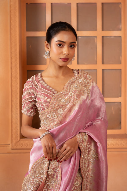Blush Pink Ziraf Tissue Saree with Heavy Scalloped Floral Border