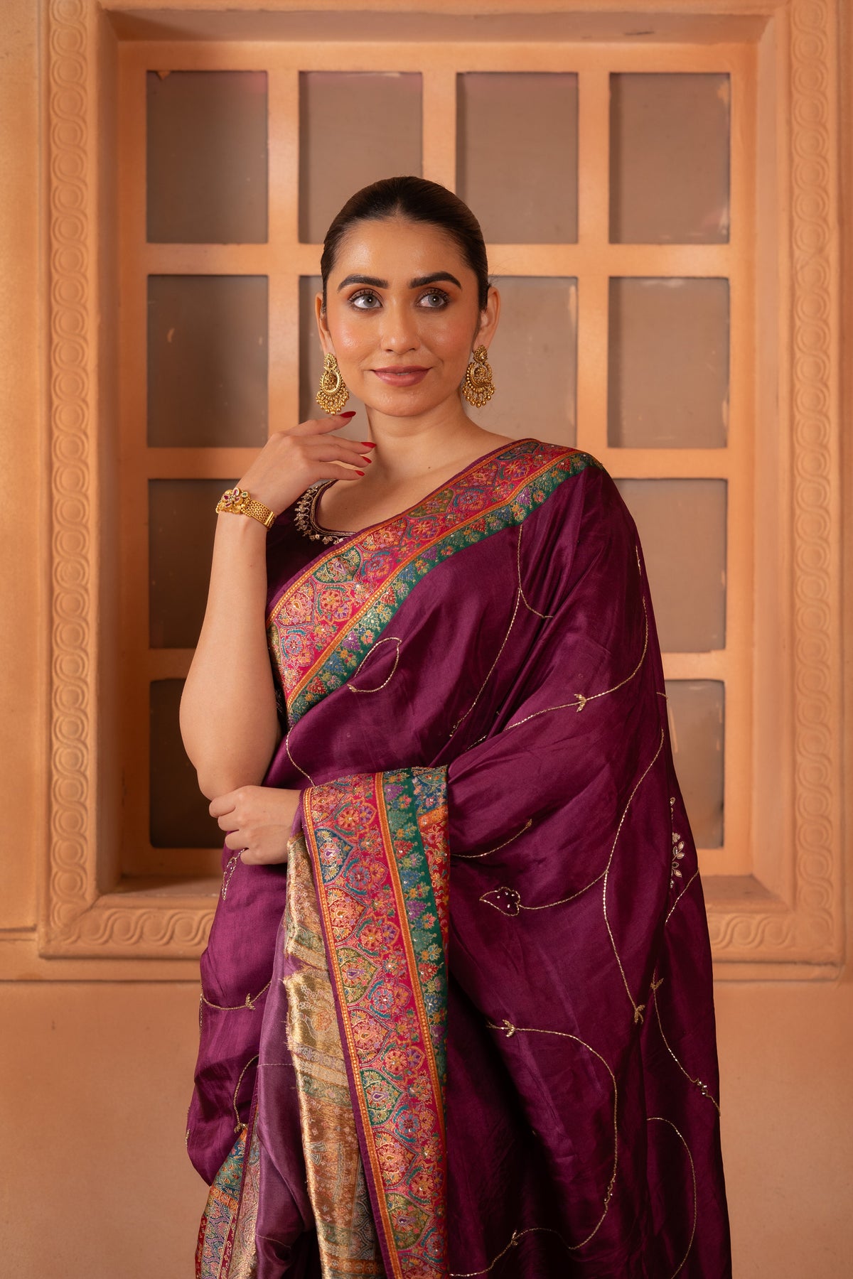 Jewel-Tone Deep Wine Position Print Silk Saree with Paisley Border