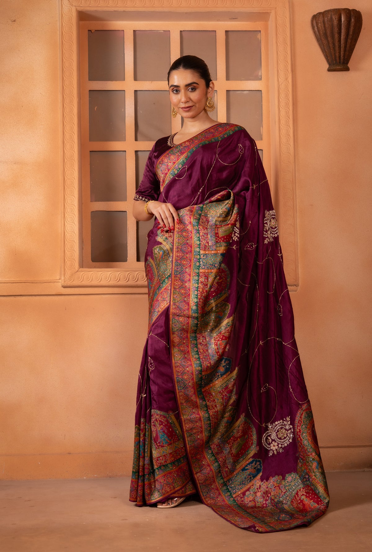 Jewel-Tone Deep Wine Position Print Silk Saree with Paisley Border