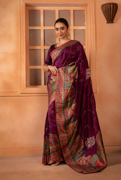 Jewel-Tone Deep Wine Position Print Silk Saree with Paisley Border