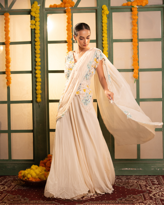 Intricately Hand-Embroidered Blouse with Pre-Draped Pallu & Flared Palazzo Set