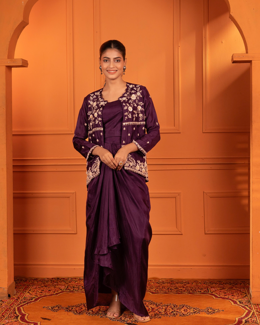 Zardozi embroidered russian silk jacket  & draped skirt indo-western set