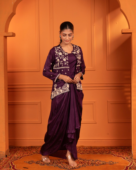 Zardozi embroidered russian silk jacket  & draped skirt indo-western set